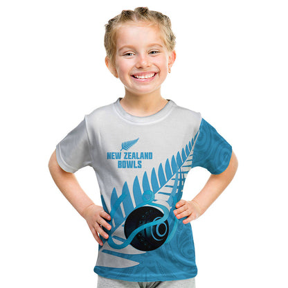New Zealand Lawn Bowls Prostate Cancer Custom Kid T Shirt Aotearoa Maori Silver Fern Blue Ribbon