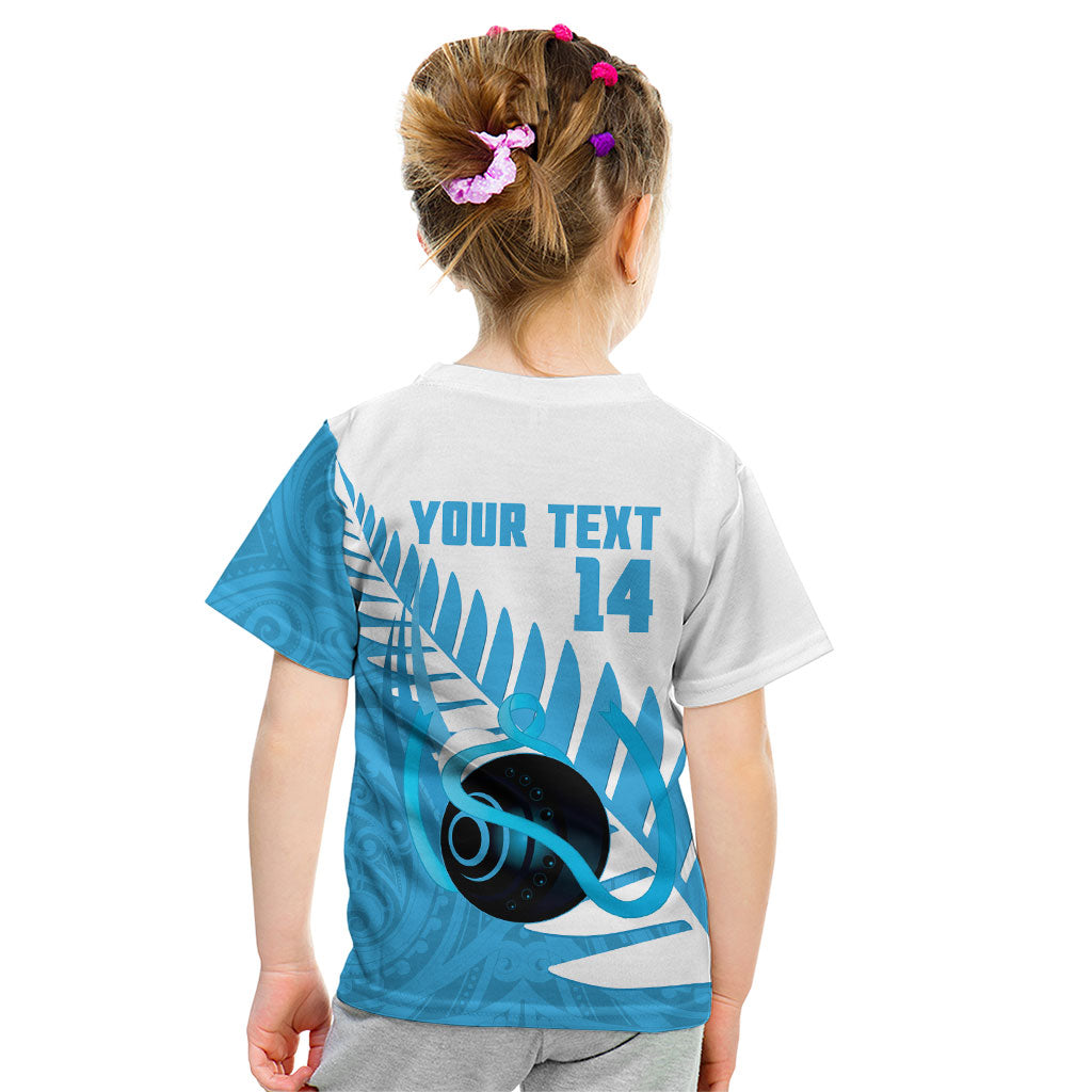 New Zealand Lawn Bowls Prostate Cancer Custom Kid T Shirt Aotearoa Maori Silver Fern Blue Ribbon