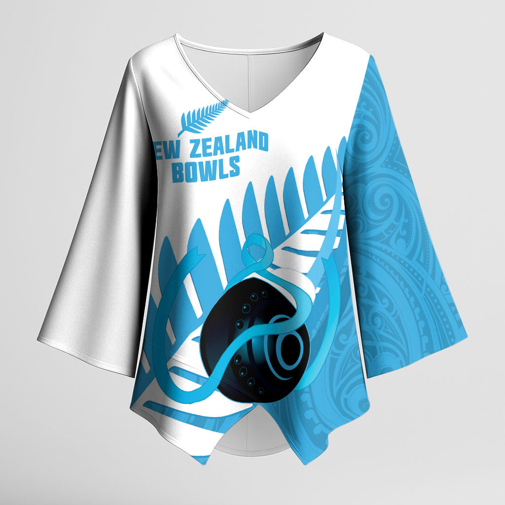 New Zealand Lawn Bowls Prostate Cancer Custom Kimono Sleeve Blouse Aotearoa Maori Silver Fern Blue Ribbon