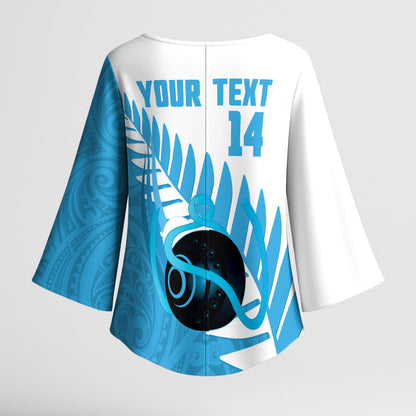 New Zealand Lawn Bowls Prostate Cancer Custom Kimono Sleeve Blouse Aotearoa Maori Silver Fern Blue Ribbon