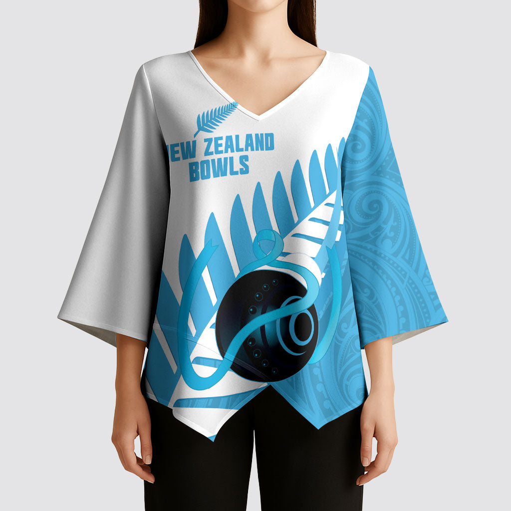 New Zealand Lawn Bowls Prostate Cancer Custom Kimono Sleeve Blouse Aotearoa Maori Silver Fern Blue Ribbon