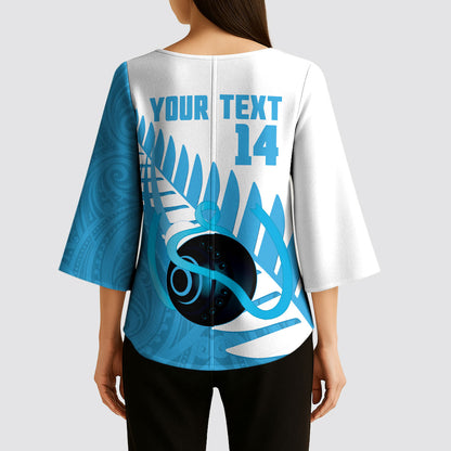New Zealand Lawn Bowls Prostate Cancer Custom Kimono Sleeve Blouse Aotearoa Maori Silver Fern Blue Ribbon