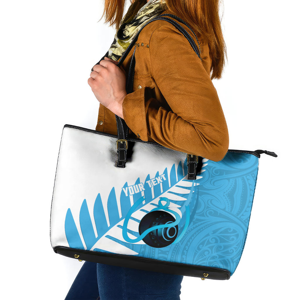 New Zealand Lawn Bowls Prostate Cancer Custom Leather Tote Bag Aotearoa Maori Silver Fern Blue Ribbon