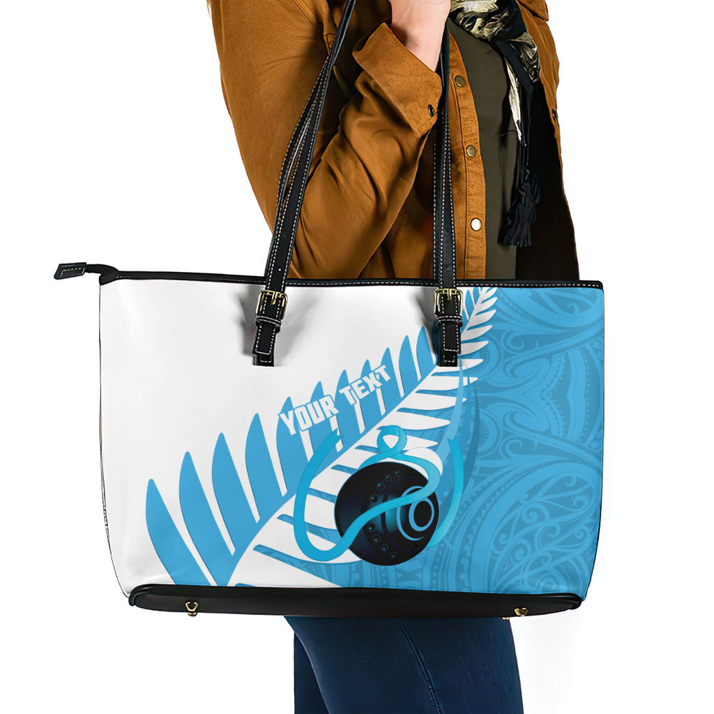 New Zealand Lawn Bowls Prostate Cancer Custom Leather Tote Bag Aotearoa Maori Silver Fern Blue Ribbon