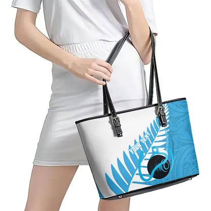 New Zealand Lawn Bowls Prostate Cancer Custom Leather Tote Bag Aotearoa Maori Silver Fern Blue Ribbon