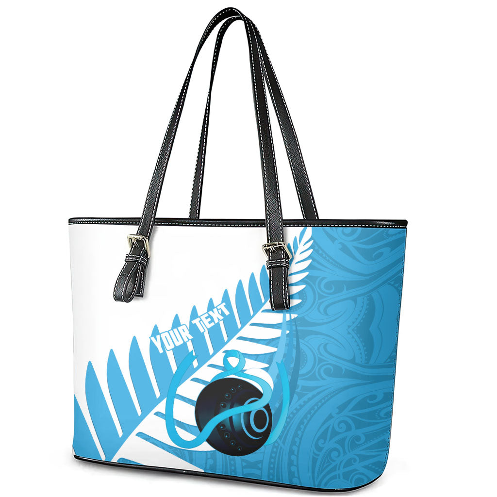 New Zealand Lawn Bowls Prostate Cancer Custom Leather Tote Bag Aotearoa Maori Silver Fern Blue Ribbon
