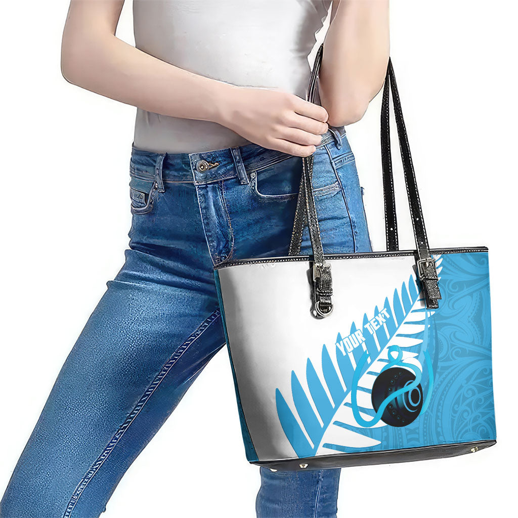 New Zealand Lawn Bowls Prostate Cancer Custom Leather Tote Bag Aotearoa Maori Silver Fern Blue Ribbon