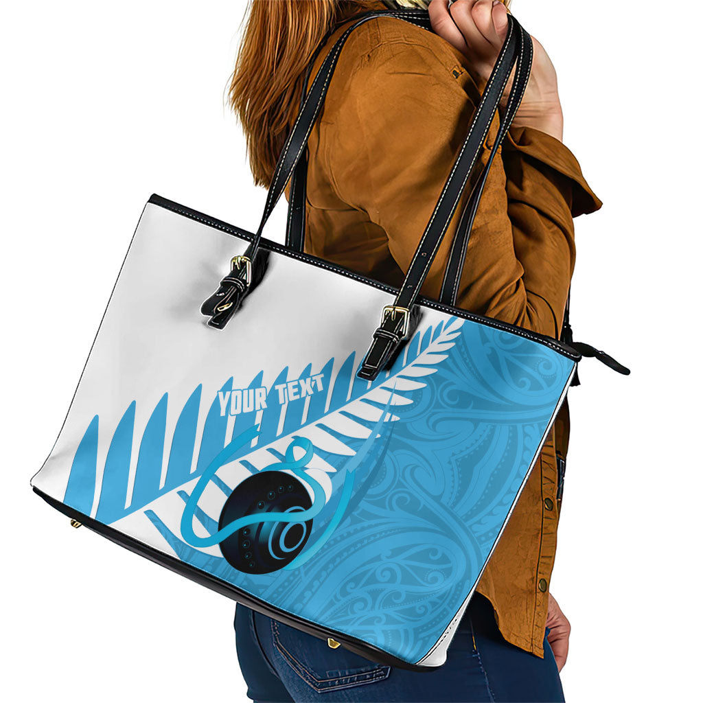 New Zealand Lawn Bowls Prostate Cancer Custom Leather Tote Bag Aotearoa Maori Silver Fern Blue Ribbon