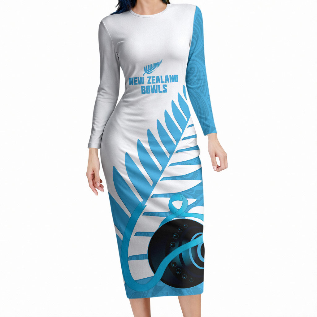 New Zealand Lawn Bowls Prostate Cancer Custom Long Sleeve Bodycon Dress Aotearoa Maori Silver Fern Blue Ribbon