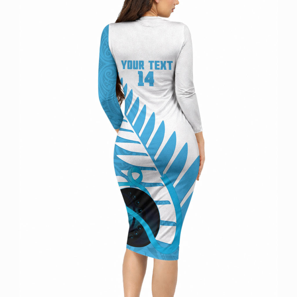 New Zealand Lawn Bowls Prostate Cancer Custom Long Sleeve Bodycon Dress Aotearoa Maori Silver Fern Blue Ribbon