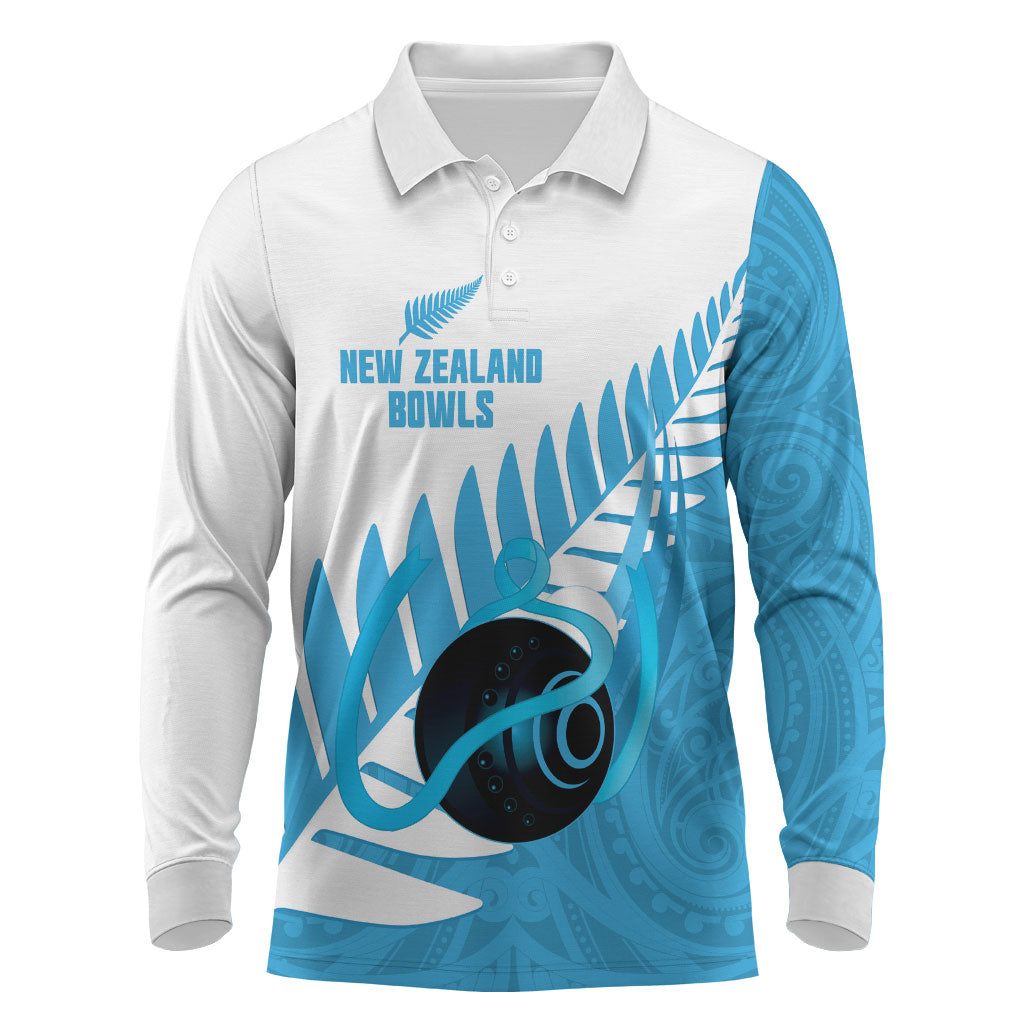 New Zealand Lawn Bowls Prostate Cancer Custom Long Sleeve Polo Shirt Aotearoa Maori Silver Fern Blue Ribbon