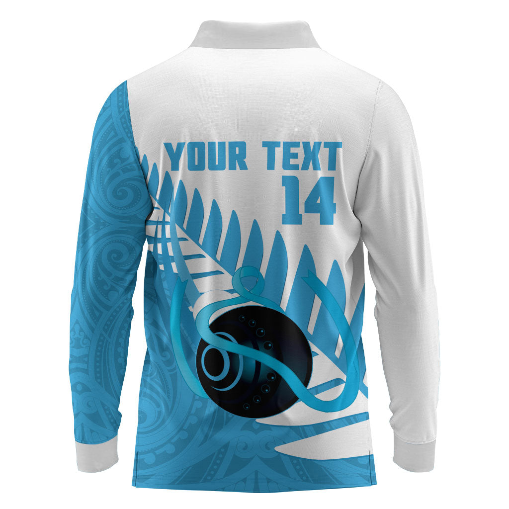 New Zealand Lawn Bowls Prostate Cancer Custom Long Sleeve Polo Shirt Aotearoa Maori Silver Fern Blue Ribbon