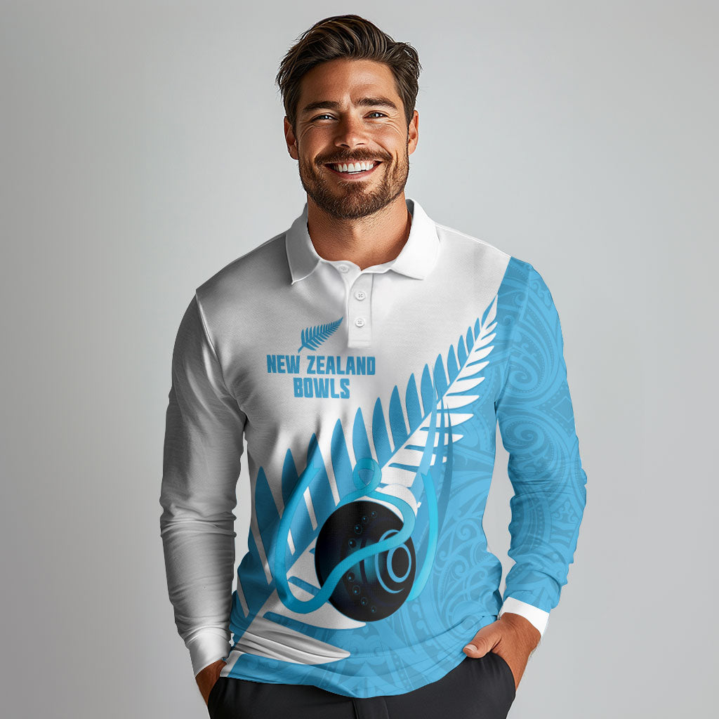 New Zealand Lawn Bowls Prostate Cancer Custom Long Sleeve Polo Shirt Aotearoa Maori Silver Fern Blue Ribbon