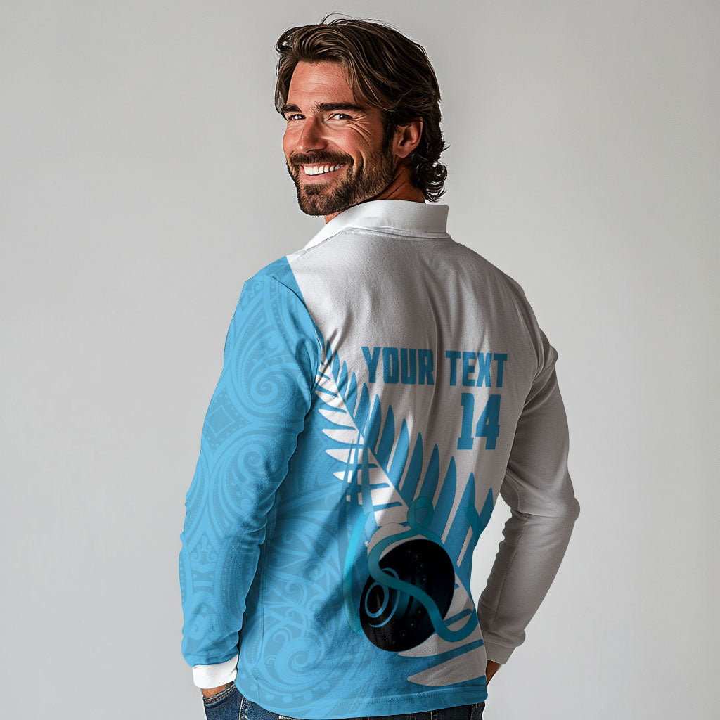 New Zealand Lawn Bowls Prostate Cancer Custom Long Sleeve Polo Shirt Aotearoa Maori Silver Fern Blue Ribbon
