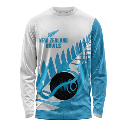 New Zealand Lawn Bowls Prostate Cancer Custom Long Sleeve Shirt Aotearoa Maori Silver Fern Blue Ribbon