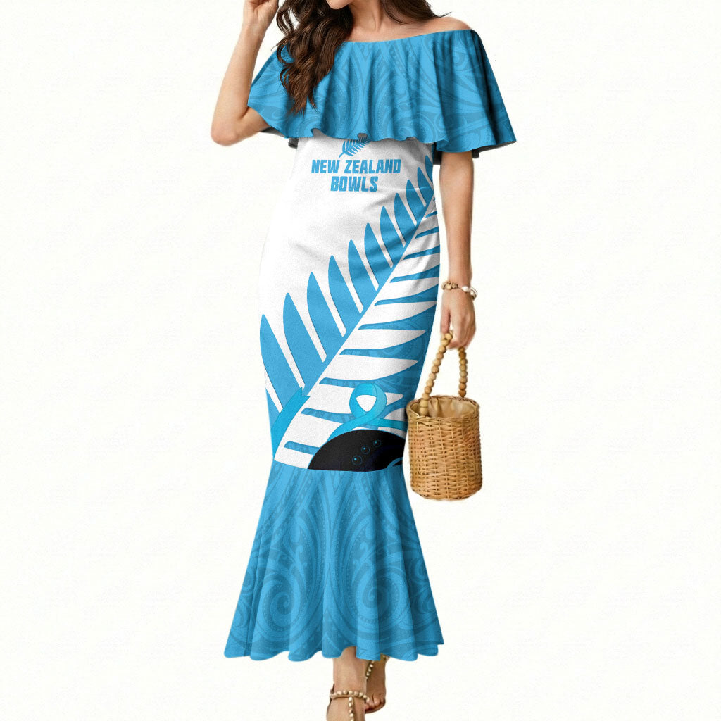 New Zealand Lawn Bowls Prostate Cancer Custom Mermaid Dress Aotearoa Maori Silver Fern Blue Ribbon