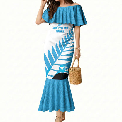 New Zealand Lawn Bowls Prostate Cancer Custom Mermaid Dress Aotearoa Maori Silver Fern Blue Ribbon