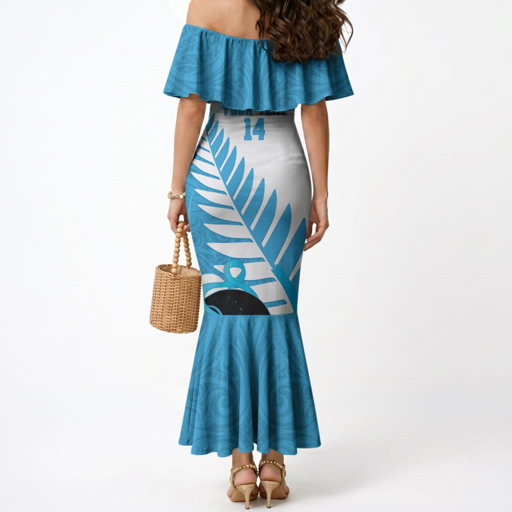 New Zealand Lawn Bowls Prostate Cancer Custom Mermaid Dress Aotearoa Maori Silver Fern Blue Ribbon