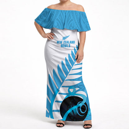 New Zealand Lawn Bowls Prostate Cancer Custom Off Shoulder Maxi Dress Aotearoa Maori Silver Fern Blue Ribbon