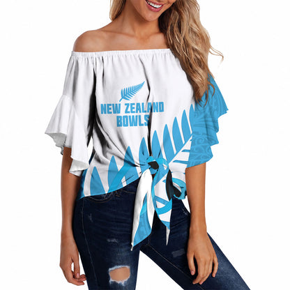 New Zealand Lawn Bowls Prostate Cancer Custom Off Shoulder Wrap Waist Top Aotearoa Maori Silver Fern Blue Ribbon