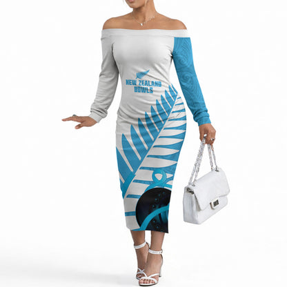 New Zealand Lawn Bowls Prostate Cancer Custom Off The Shoulder Long Sleeve Dress Aotearoa Maori Silver Fern Blue Ribbon