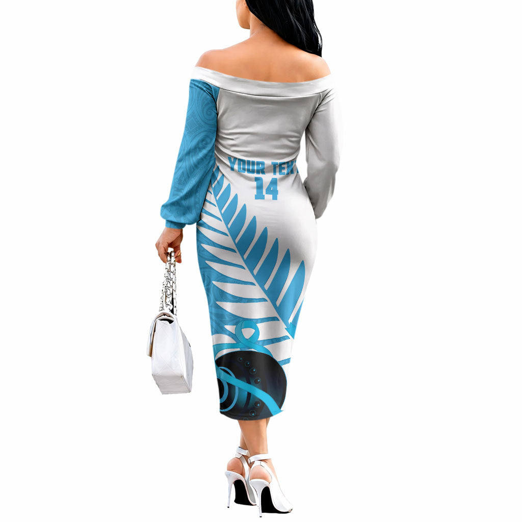 New Zealand Lawn Bowls Prostate Cancer Custom Off The Shoulder Long Sleeve Dress Aotearoa Maori Silver Fern Blue Ribbon