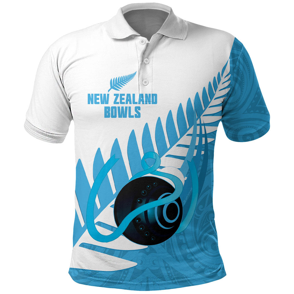 New Zealand Lawn Bowls Prostate Cancer Custom Polo Shirt Aotearoa Maori Silver Fern Blue Ribbon