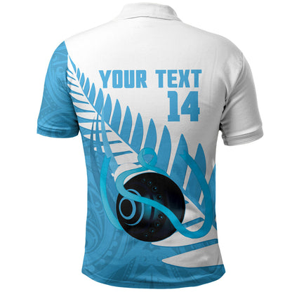 New Zealand Lawn Bowls Prostate Cancer Custom Polo Shirt Aotearoa Maori Silver Fern Blue Ribbon