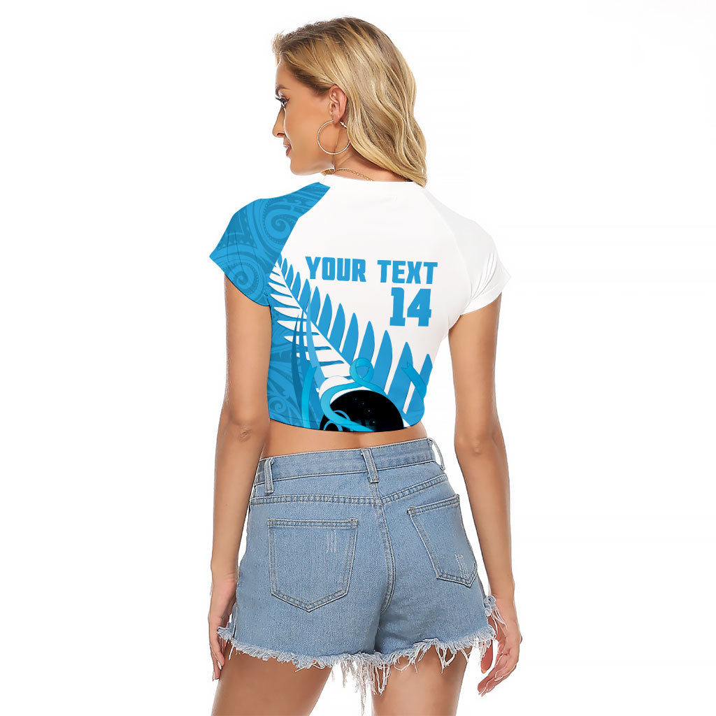 New Zealand Lawn Bowls Prostate Cancer Custom Raglan Cropped T Shirt Aotearoa Maori Silver Fern Blue Ribbon