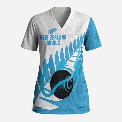 New Zealand Lawn Bowls Prostate Cancer Custom Scrub Top Aotearoa Maori Silver Fern Blue Ribbon