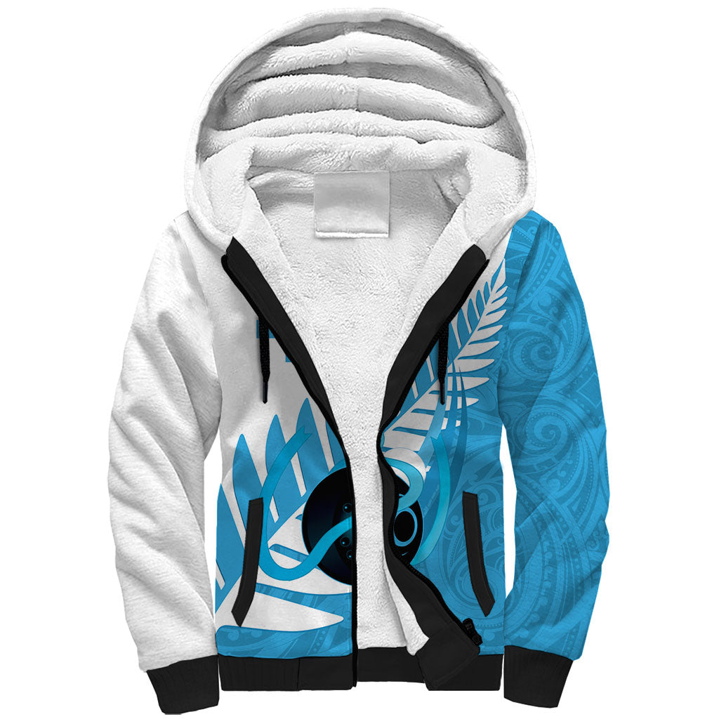 New Zealand Lawn Bowls Prostate Cancer Custom Sherpa Hoodie Aotearoa Maori Silver Fern Blue Ribbon