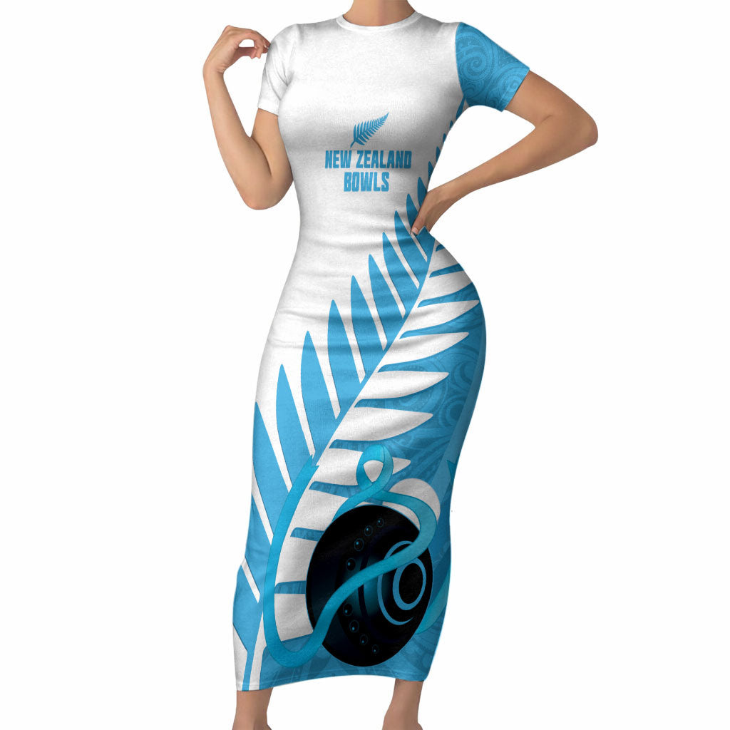New Zealand Lawn Bowls Prostate Cancer Custom Short Sleeve Bodycon Dress Aotearoa Maori Silver Fern Blue Ribbon
