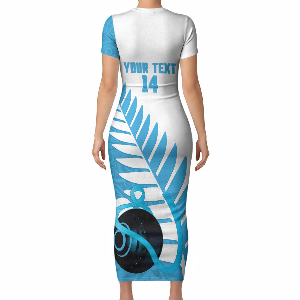 New Zealand Lawn Bowls Prostate Cancer Custom Short Sleeve Bodycon Dress Aotearoa Maori Silver Fern Blue Ribbon
