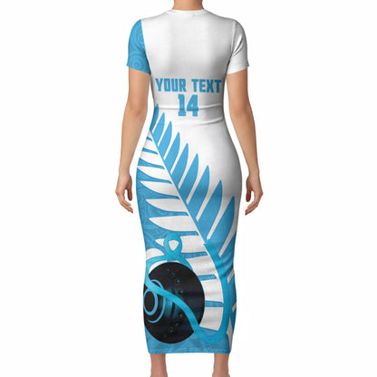 New Zealand Lawn Bowls Prostate Cancer Custom Short Sleeve Bodycon Dress Aotearoa Maori Silver Fern Blue Ribbon