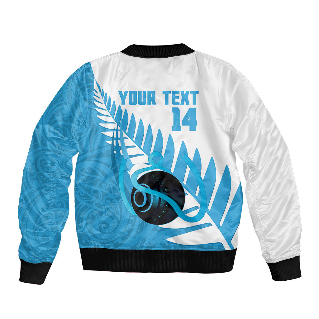 New Zealand Lawn Bowls Prostate Cancer Custom Sleeve Zip Bomber Jacket Aotearoa Maori Silver Fern Blue Ribbon
