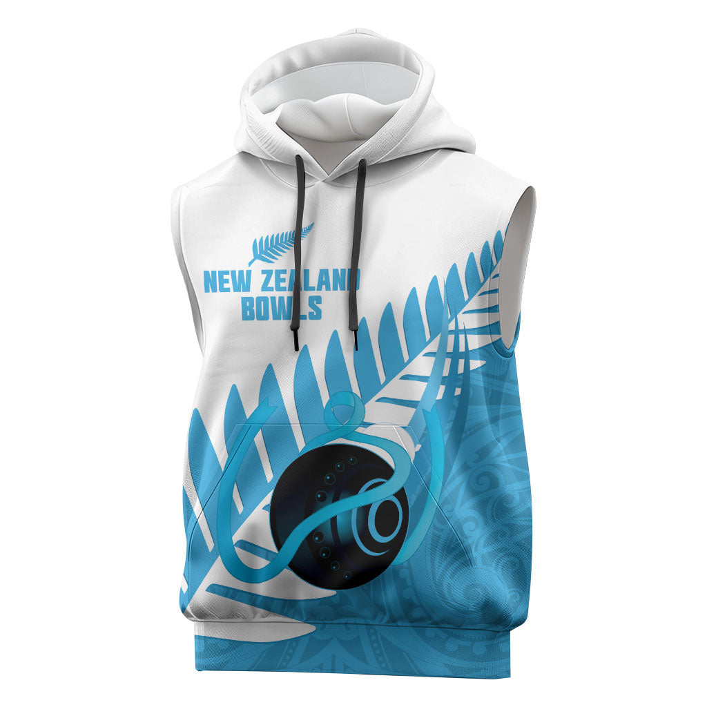 New Zealand Lawn Bowls Prostate Cancer Custom Sleeveless Hoodie Aotearoa Maori Silver Fern Blue Ribbon