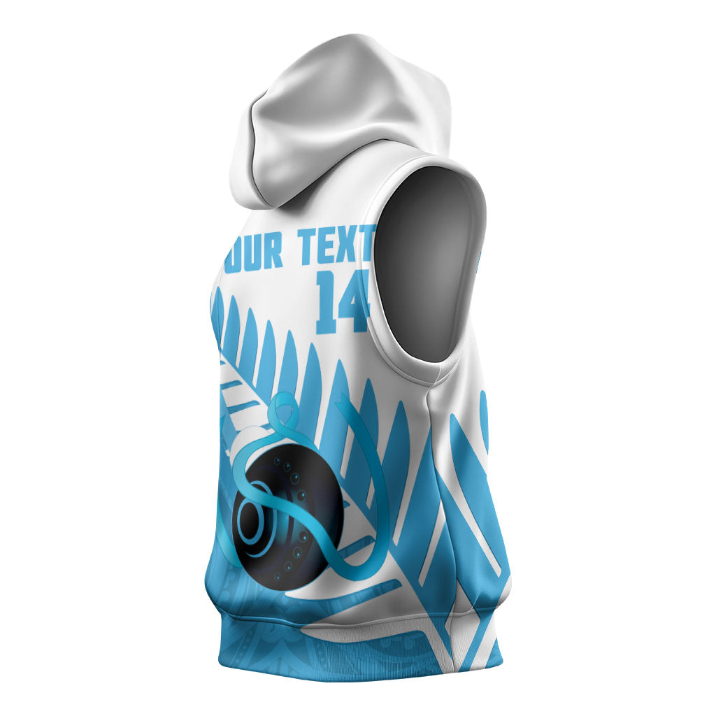 New Zealand Lawn Bowls Prostate Cancer Custom Sleeveless Hoodie Aotearoa Maori Silver Fern Blue Ribbon