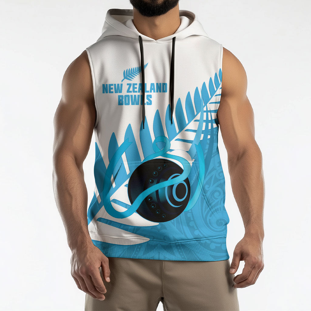 New Zealand Lawn Bowls Prostate Cancer Custom Sleeveless Hoodie Aotearoa Maori Silver Fern Blue Ribbon