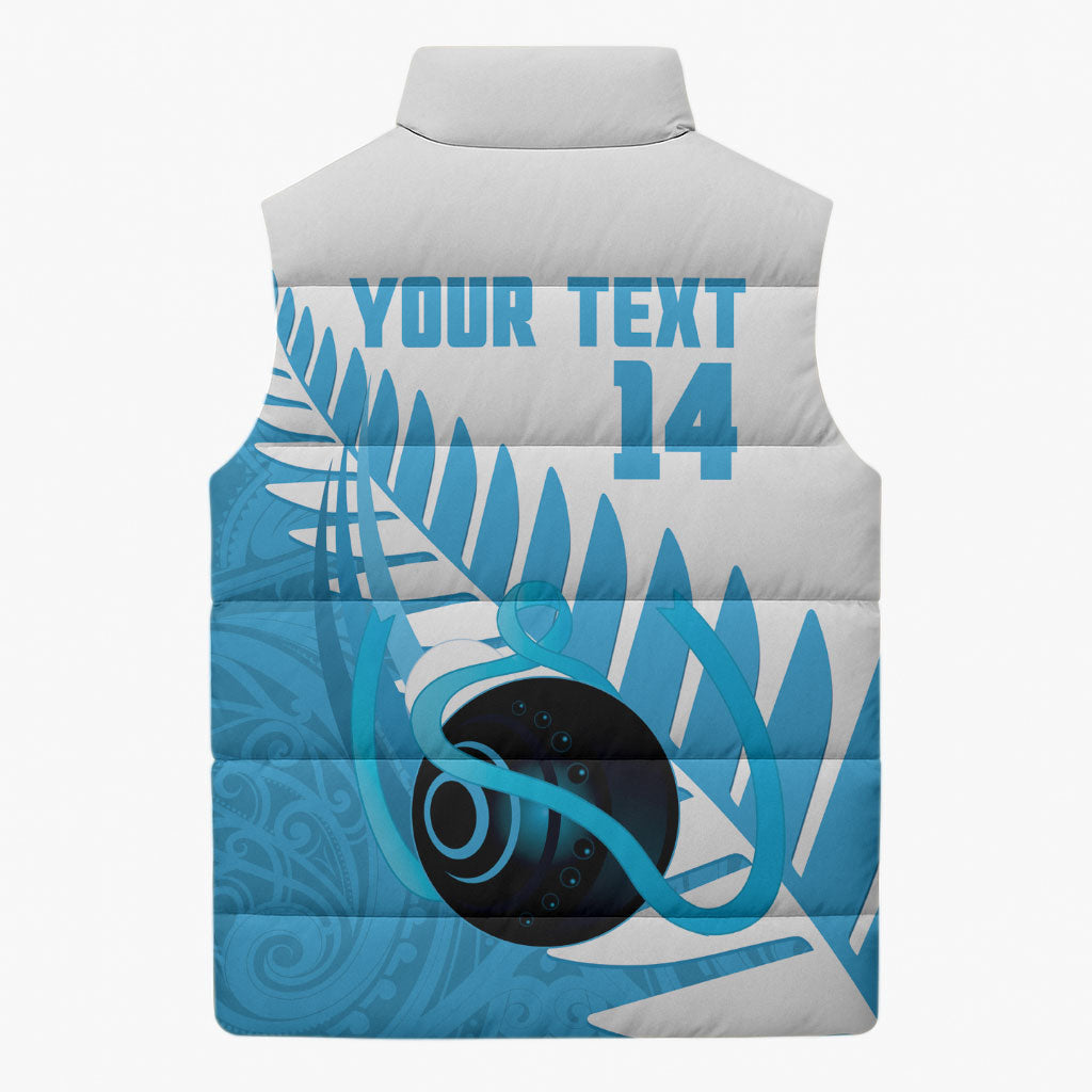New Zealand Lawn Bowls Prostate Cancer Custom Sleeveless Puffer Jacket Aotearoa Maori Silver Fern Blue Ribbon