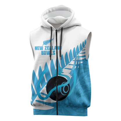 New Zealand Lawn Bowls Prostate Cancer Custom Sleeveless Zip Hoodie Aotearoa Maori Silver Fern Blue Ribbon