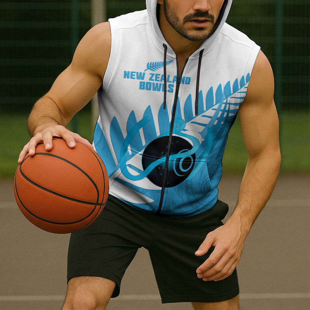 New Zealand Lawn Bowls Prostate Cancer Custom Sleeveless Zip Hoodie Aotearoa Maori Silver Fern Blue Ribbon