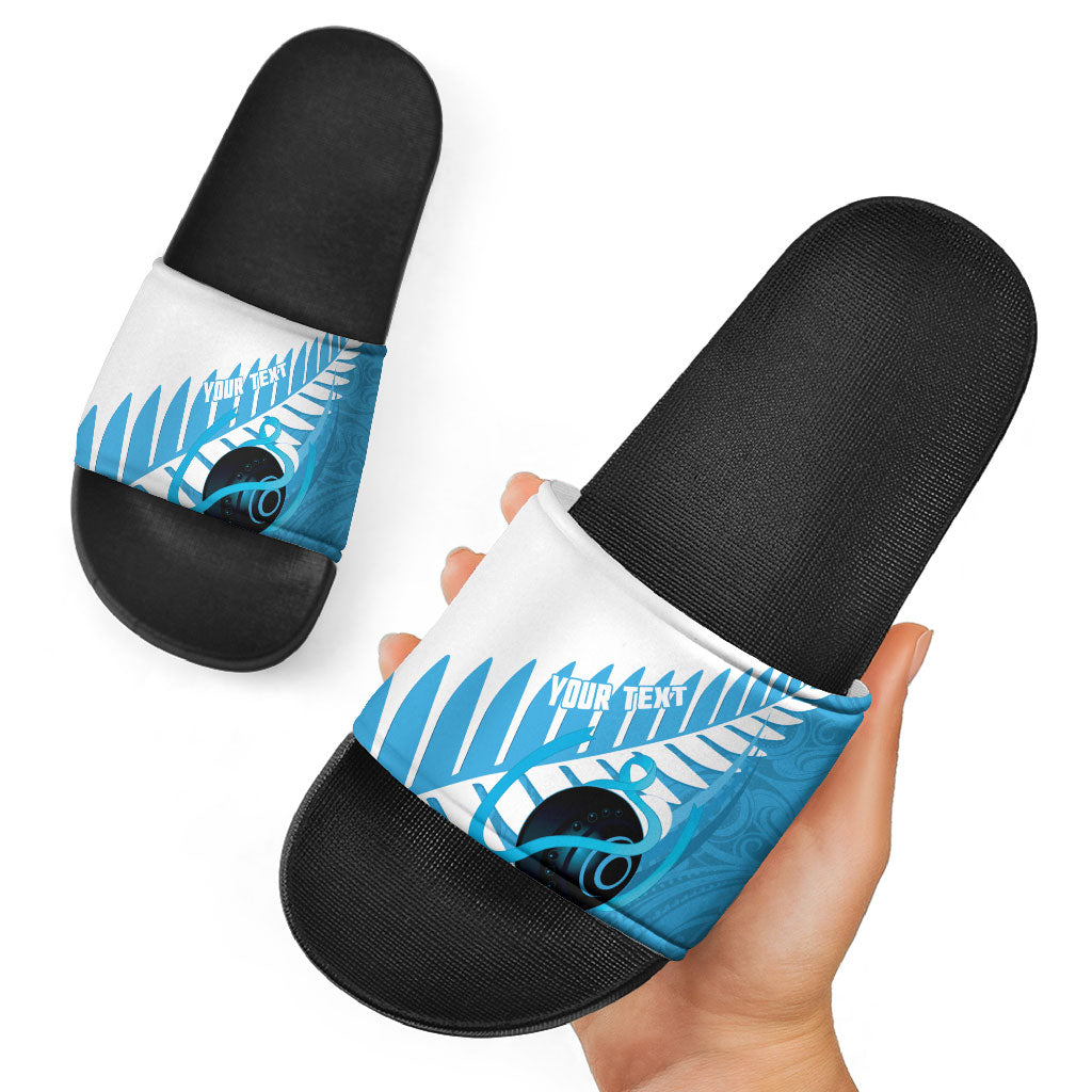 New Zealand Lawn Bowls Prostate Cancer Custom Slide Sandals Aotearoa Maori Silver Fern Blue Ribbon