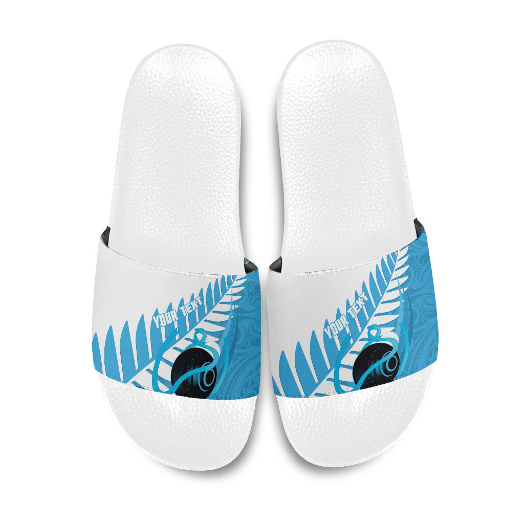 New Zealand Lawn Bowls Prostate Cancer Custom Slide Sandals Aotearoa Maori Silver Fern Blue Ribbon