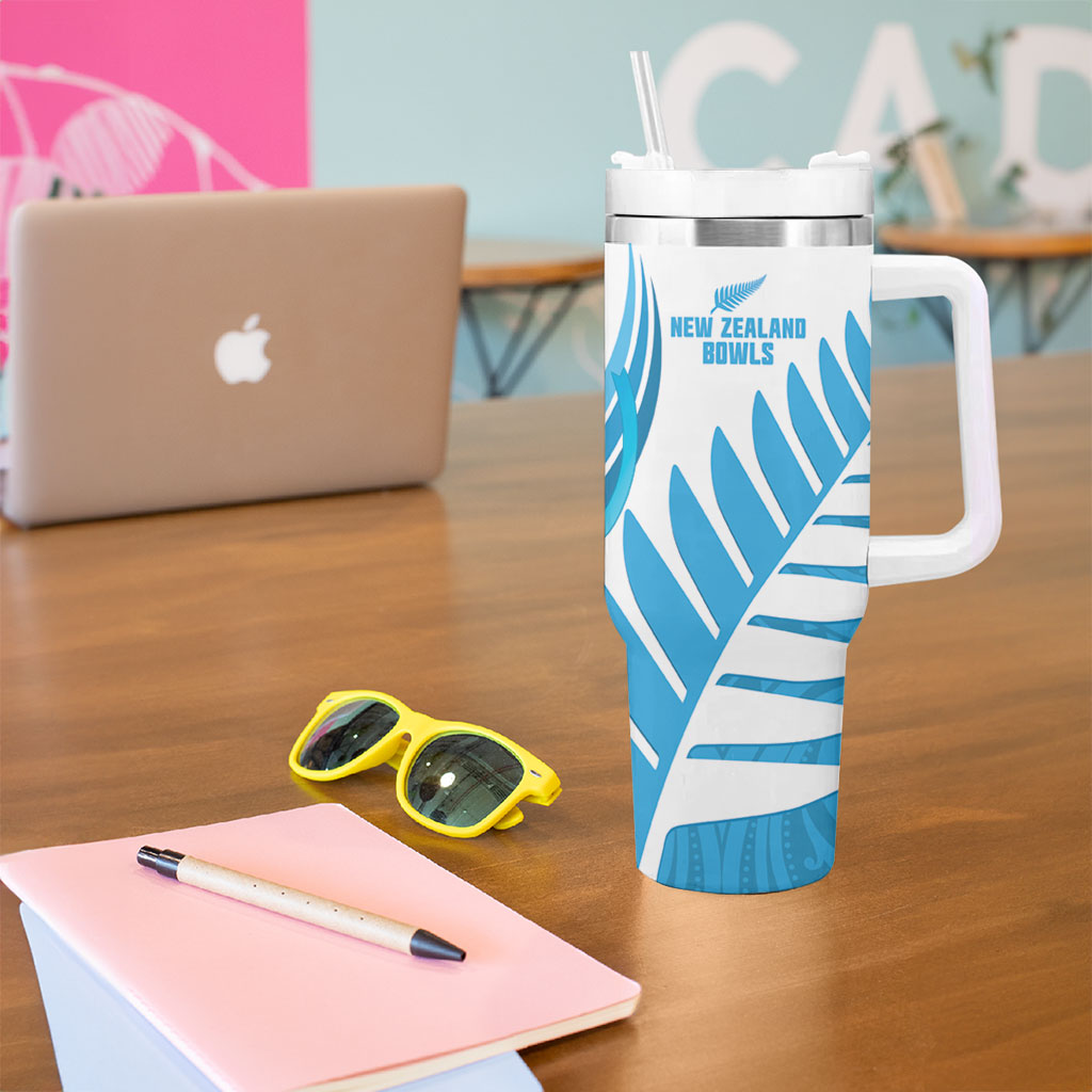 New Zealand Lawn Bowls Prostate Cancer Custom Tumbler With Handle Aotearoa Maori Silver Fern Blue Ribbon