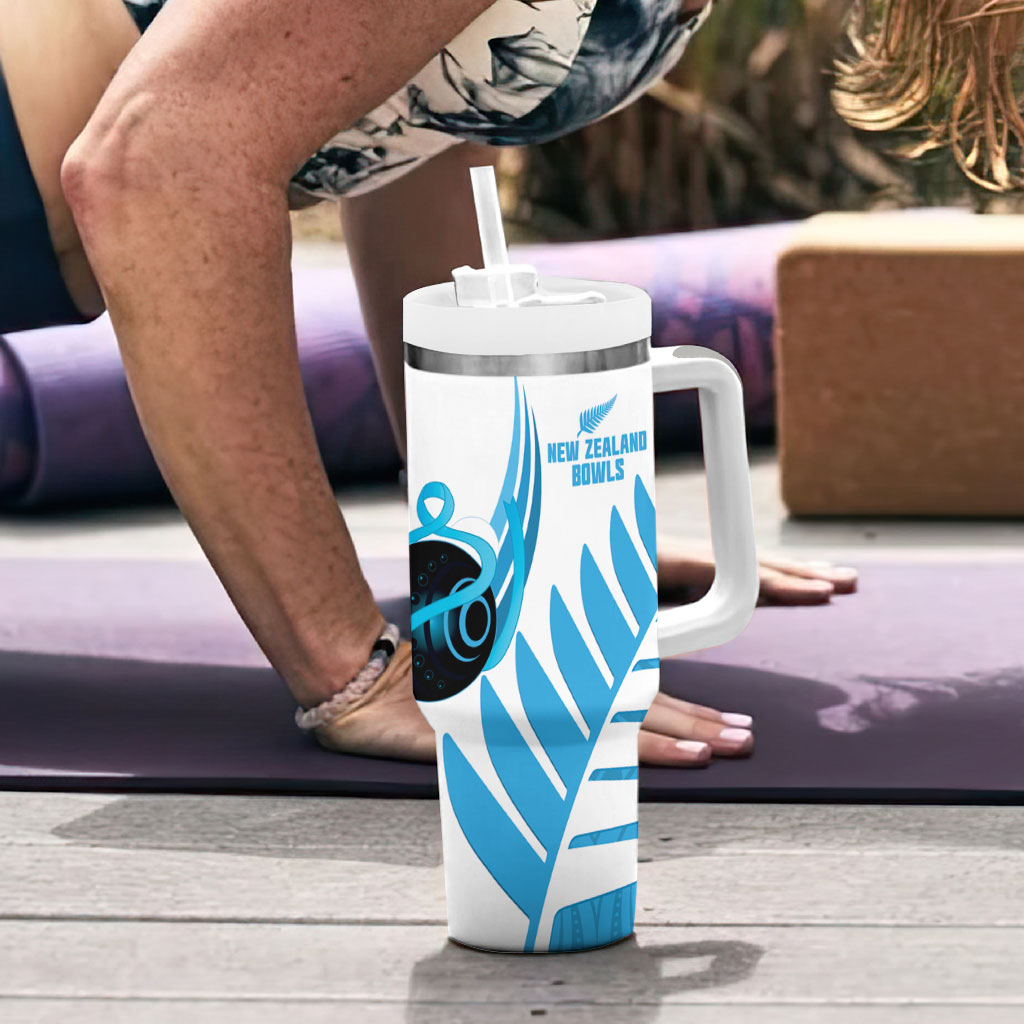 New Zealand Lawn Bowls Prostate Cancer Custom Tumbler With Handle Aotearoa Maori Silver Fern Blue Ribbon
