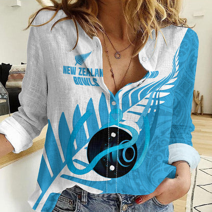 New Zealand Lawn Bowls Prostate Cancer Custom Women Casual Shirt Aotearoa Maori Silver Fern Blue Ribbon