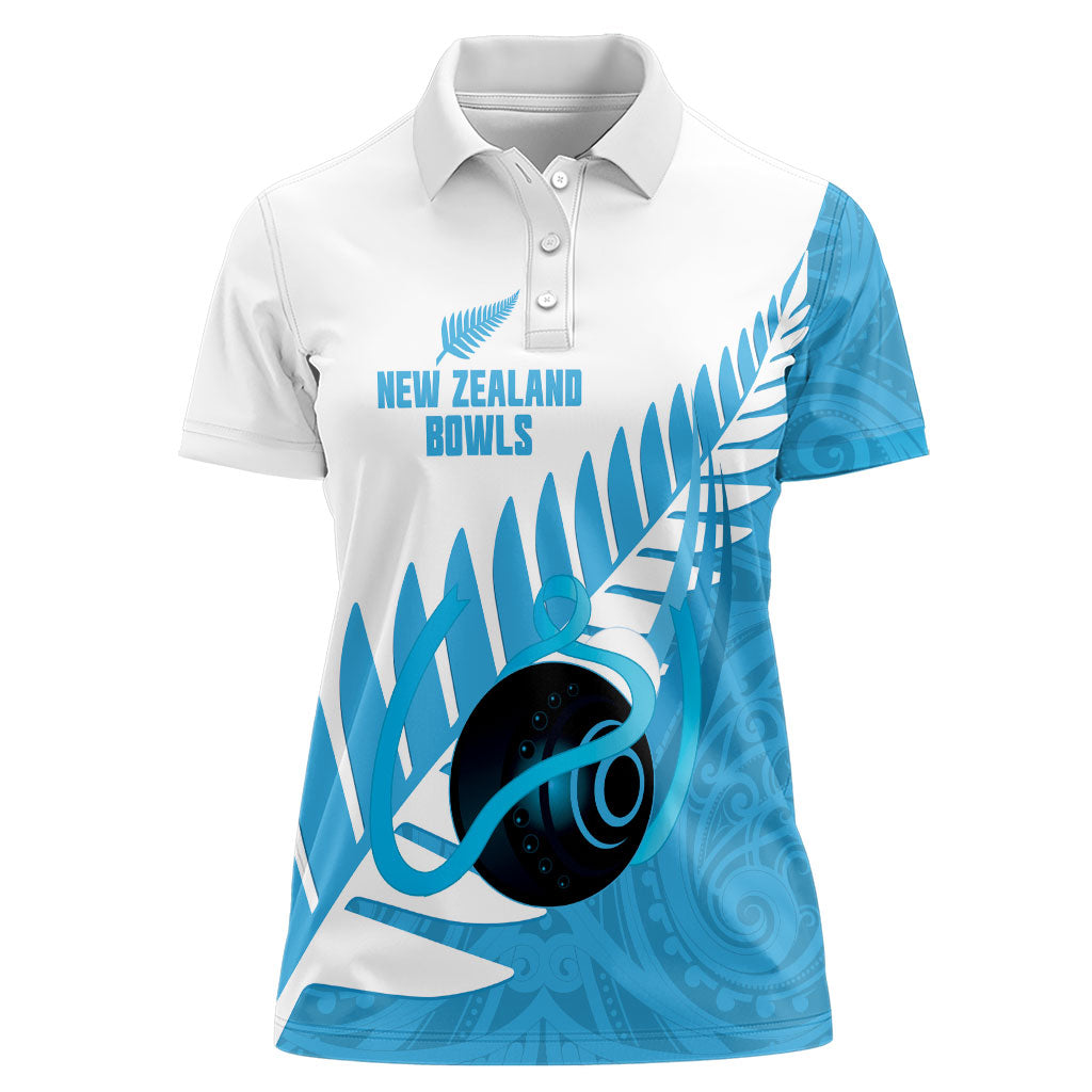 New Zealand Lawn Bowls Prostate Cancer Custom Women Polo Shirt Aotearoa Maori Silver Fern Blue Ribbon