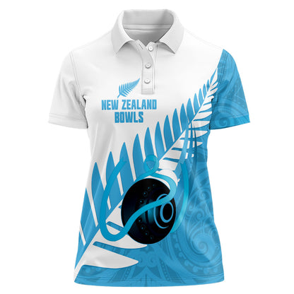 New Zealand Lawn Bowls Prostate Cancer Custom Women Polo Shirt Aotearoa Maori Silver Fern Blue Ribbon