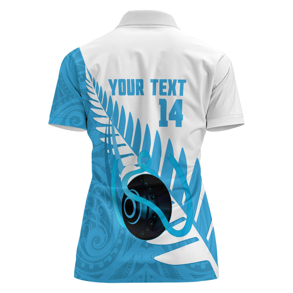 New Zealand Lawn Bowls Prostate Cancer Custom Women Polo Shirt Aotearoa Maori Silver Fern Blue Ribbon
