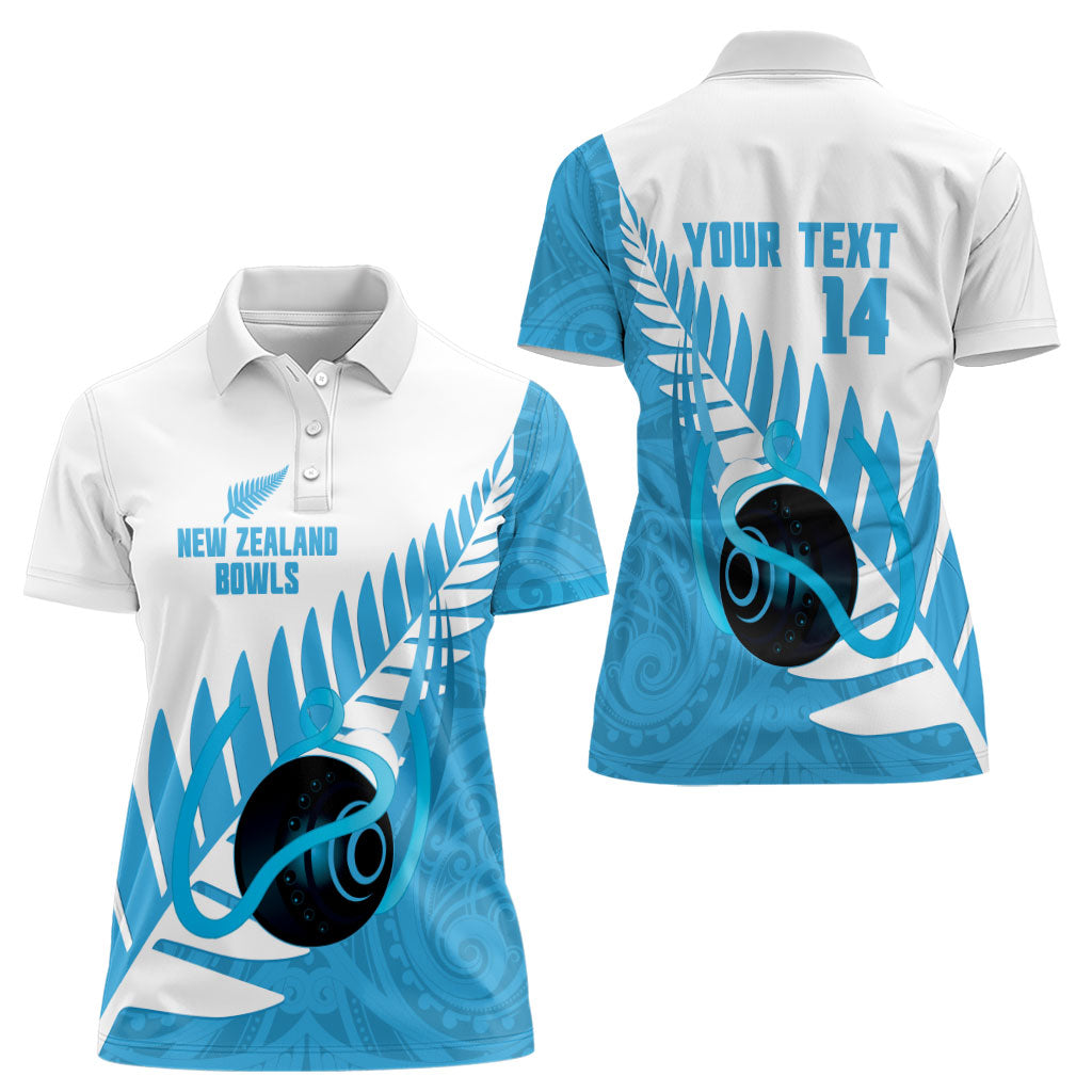 New Zealand Lawn Bowls Prostate Cancer Custom Women Polo Shirt Aotearoa Maori Silver Fern Blue Ribbon